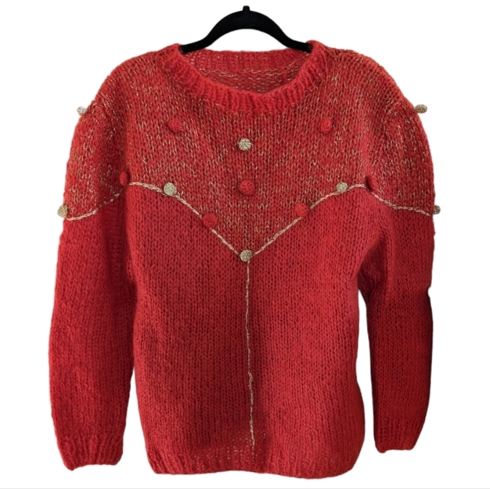Handknit Rust & Gold Crew Neck 3/4 sleeve Sweater Size Small
